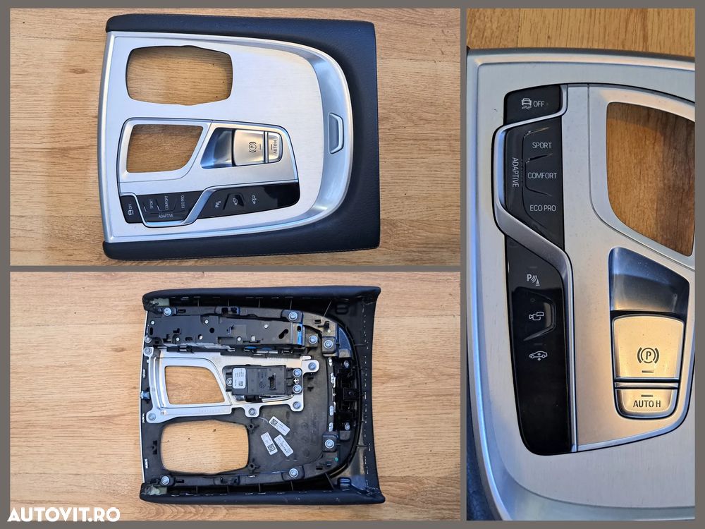 Ornament central schimbator viteze chrome cu piele ecologica Buton Parcare auto hold Panou butoane consola centrala ESP PDC Sport Confort BMW G11+LCI G12+LCI Trim Ornament usa Mahon lemn nuc satinat honigbraun Maner usa stanga dreapta fata spate lemn cu negru Seria 7 F01+LCi F02+LCI - 8