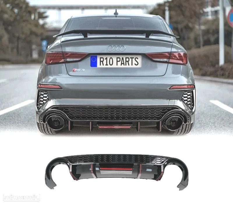 DIFUSOR AUDI A3 21- LOOK RS3 COM LUZ DE FREIO PRETO BRILHANTE + LINHA DE ESCAPE - 1