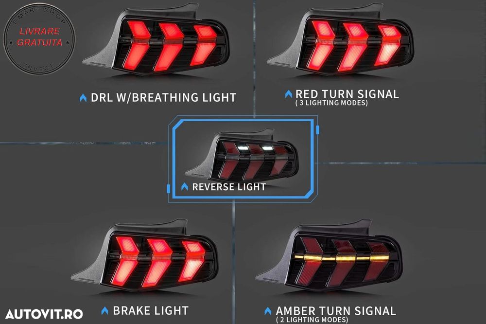 Stopuri Full LED Ford Mustang V Pre-Facelift (2010-2012) Fumuriu 7 moduri Dinamic- livrare gratuita - 13