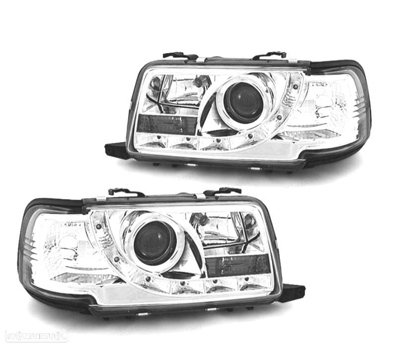 FARÓIS COM LUZ DIURNA LED AUDI 80 91-94 FUNDO CROMADO - 1