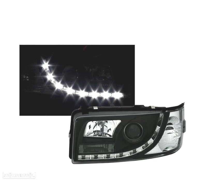 FARÓIS COM LUZ DIURNA LED VOLKSWAGEN VW T4 90-03 FUNDO PRETO - 1