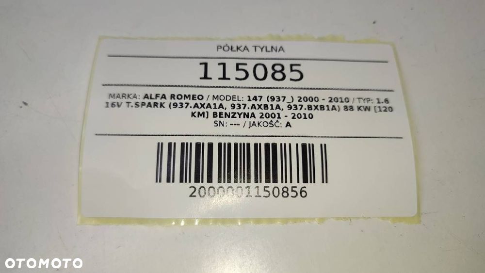 PÓŁKA TYŁ TYLNA BAGAŻNIKA SZNURKI ALFA ROMEO 147 - 5