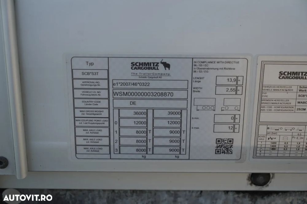 Schmitz Cargobull CORTINĂ / JOLODA / REMORCA RODA / VARIOS / 385/55 R22.5 / ACOPERIȘ CULISANT - 29