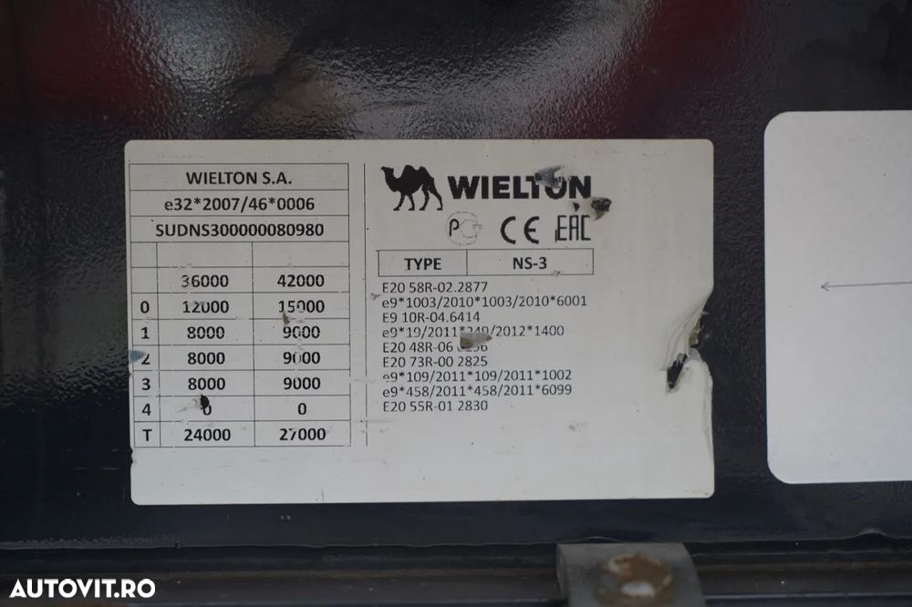 Wielton / CORTINĂ STANDARD / REMORCA DIN OȚEL - 9 M / AXĂ CULISANTĂ / SAF / ACOPERIȘ CULISANT / - 26