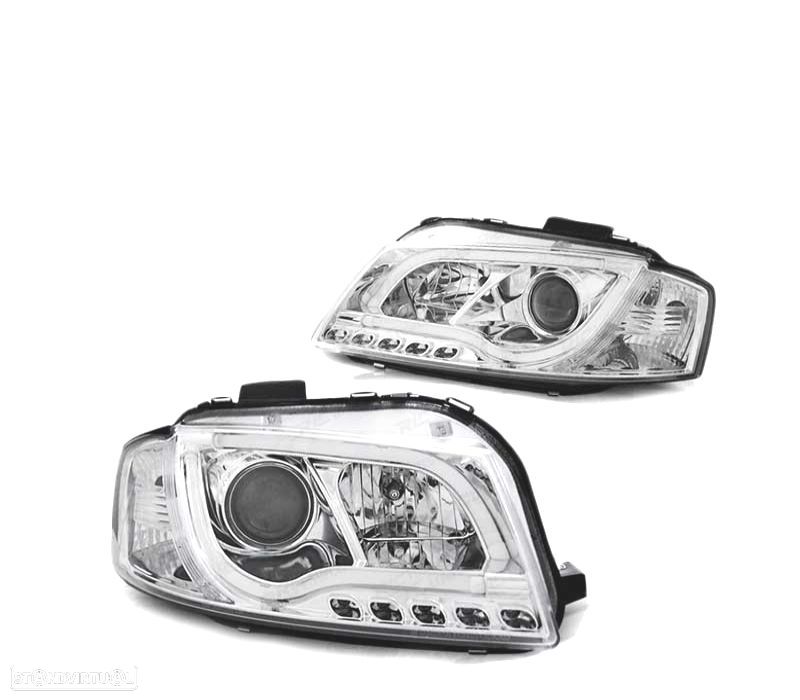 FARÓIS LED AUDI A3 8P 03-08 TRU DRL ECE-R87 CROMADO - 2