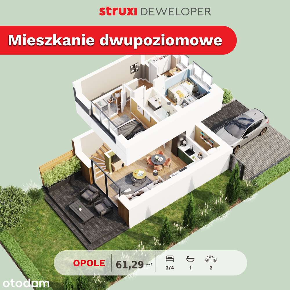 Mieszkanie dwupoziomowe z ogródkiem | 61,29 m² + 79m² + 2 m. postojowe