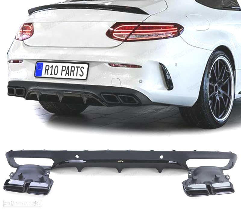 DIFUSOR MERCEDES CLASSE C C205 COUPÉ 15-18 LOOK AMG PDC PRETO + PONTEIRAS DE ESCAPE - 1