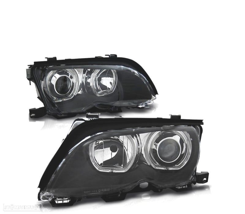 FARÓIS BMW E46 01-05 ANGEL EYES LED PRETO - 2
