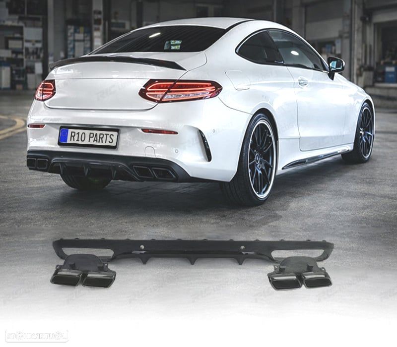 DIFUSOR MERCEDES CLASSE C C205 COUPÉ 15-18 LOOK AMG PDC PRETO + PONTEIRAS DE ESCAPE - 1