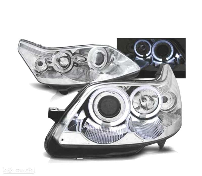 FARÓIS FRONTAIS CITROEN C4 04-09 ANGEL EYES FUNDO CROMADO - 1