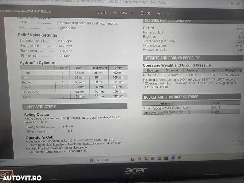 Hitachi 2 tone, Adancime sapare 2,5m, ZX19-6, CUPLA RAPIDA+3 CUPE  NOI, inst picon pe brate, lama nivelare, senile 90% ok EXTENSIBILE, camera spate, latime 1m, posibilitatea leasing 4 ani-PROMOTIE 21.900 EUR+Tva - 7