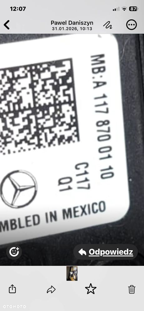 MERCEDES cla 117 176 czujnik zajetosci fotela A 1178700110 - 3