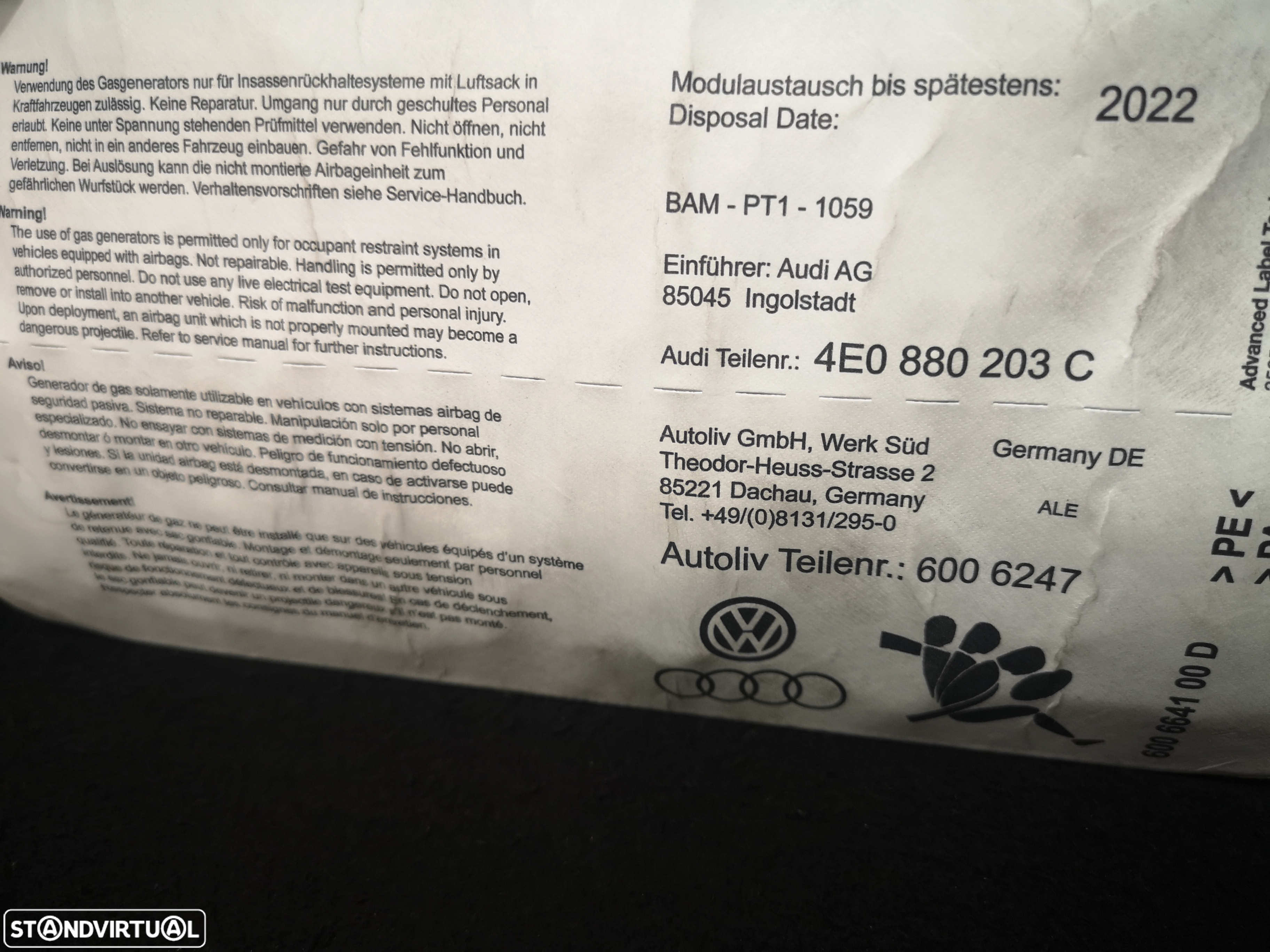 Airbag do tablier pasageiro audi a8 d3 4e0 2003+ (4x no estoque) - 8