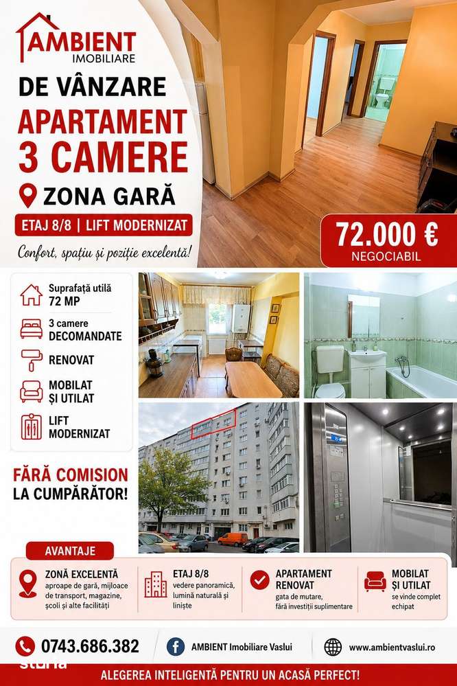 Apartament cu 3 camere, etaj 8, mobilat și utilat, zona GARĂ — fotografia 1