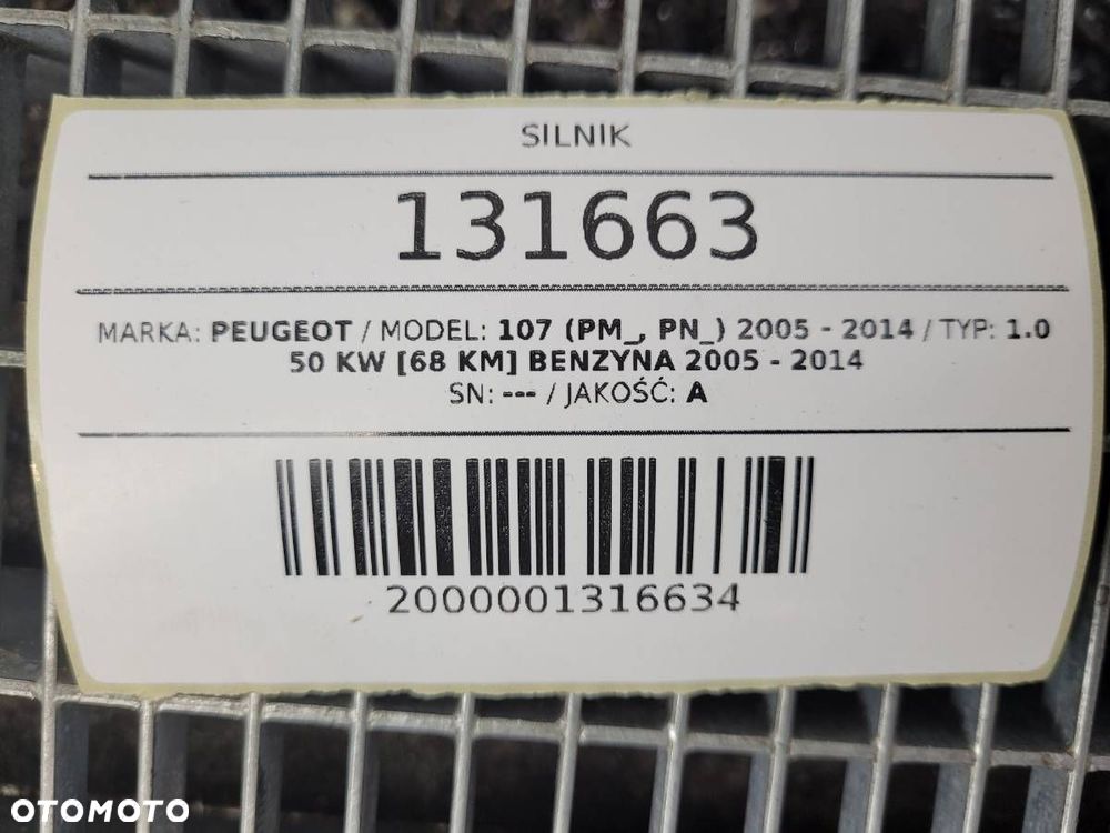 SILNIK PEUGEOT 107 CITROEN C1 AYGO 1.0 68KM 1KRB52 KOMPLETNY - 11