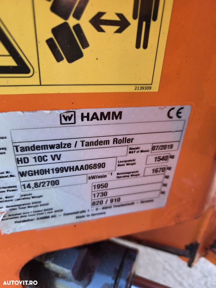 Hamm HD10C, 2019, 667h, latime tambur 1m, Masa operationala 1,5t, motor Kubota 25CP, sistem stropire, produs in Germania, posibilitate leasing 3 ani, STARE FOARTE BUNA-PROMOTIE 19.900 EUR+Tva - 18