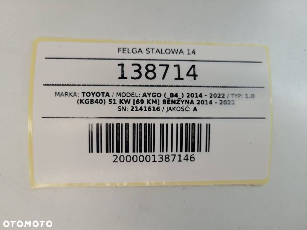 FELGA STALOWA 14 TOYOTA AYGO II 4,5JX14 ET35 4X100 2141616 - 10
