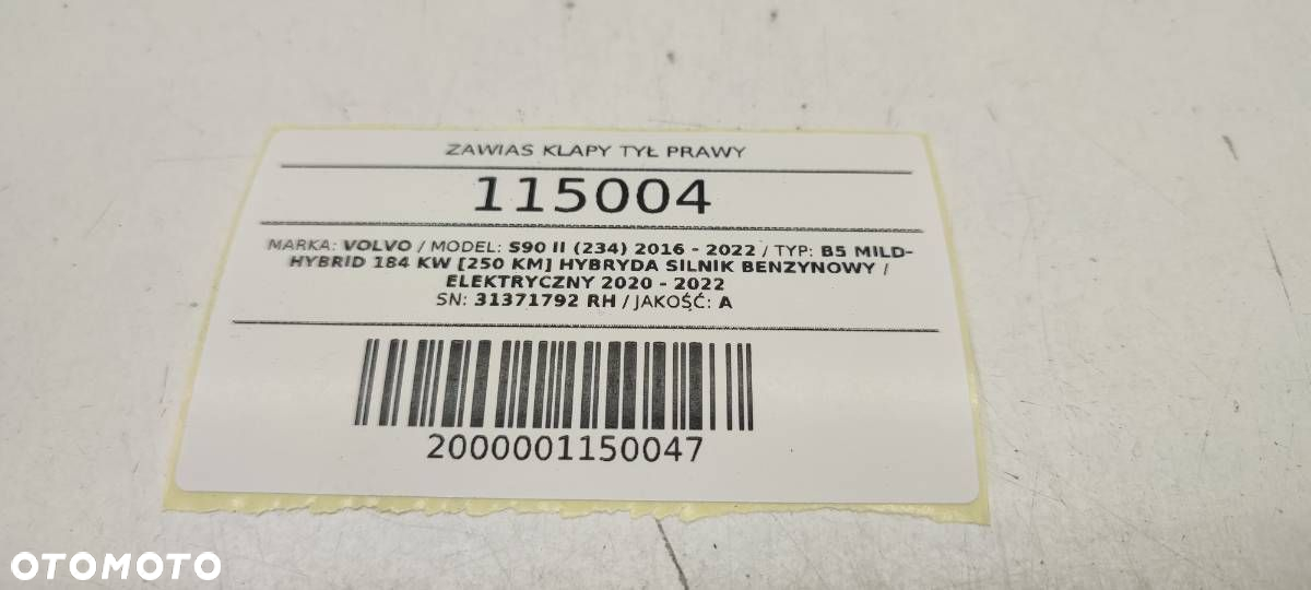 ZAWIAS KLAPY BAGAŻNIIKA TYŁ TYLNY PRAWY VOLVO S90 II 31371792 RH - 4