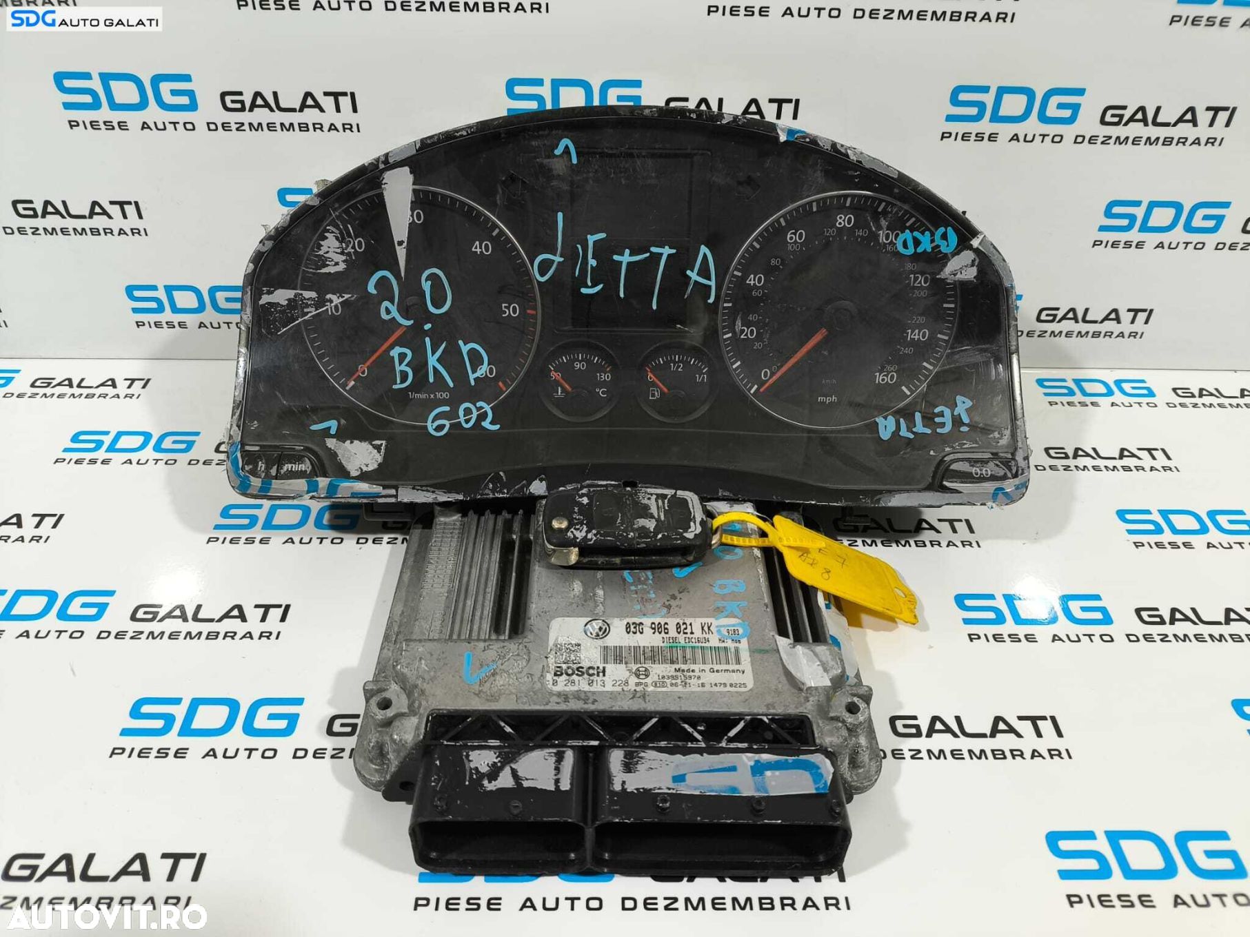 Kit Pornire Complet ECU Calculator Motor Ceas Ceasuri Instrumental Bord Cheie Chei Cip Imobilizator Volkswagen Jetta 3 MK3 2005 - 2011 Cod 03G906021KK 0281013228 [L2280] [L2281] - 1