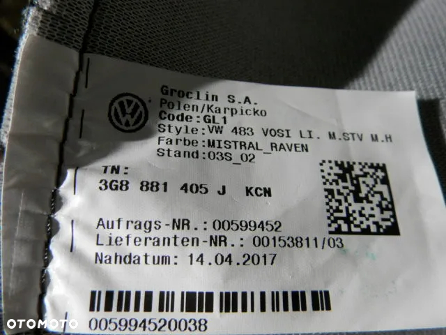 FOTEL FOTELE KANAPA SIEDZISKO BEZ PODNÓŻKA PRAWE POSZYCIE TAPICERKA SKORA ALCANTARA MISTRAL / RAVEN KCN VOLKSWAGEN ARTEON 3G8 ORYGINAŁ - 5
