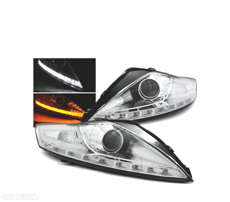 FARÓIS FRONTAIS FORD MONDEO MK4 07-10 LUZ DIURNA + PISCA LED FUNDO CROMADO - 1