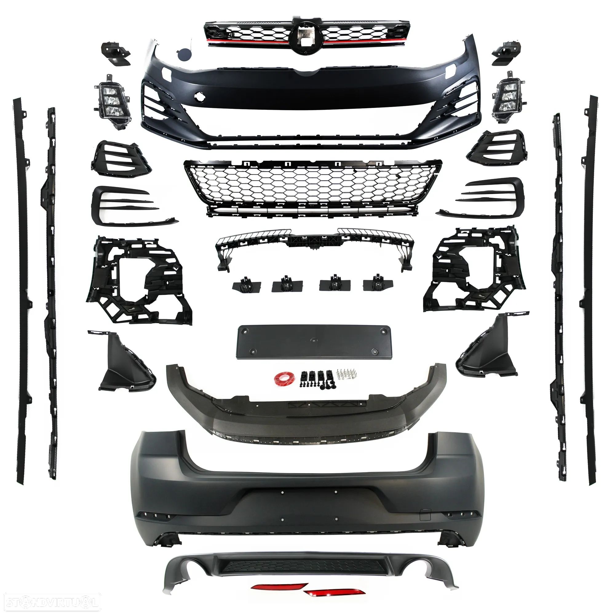 Kit Para-choques Frontal + faróis de nevoeiro + embaladeiras + para-choques traseiro + difusor VW Golf 7 3 / 5 portas look GTI 7.5 em plástico - 1