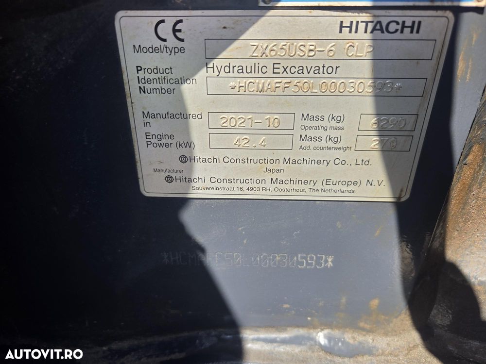 Hitachi ZX65-6, 2021, 2.005h, CUPLA RAPIDA+3 CUPE+PICON, senile cauciuc NOI, latime 2m, ad sapare 4,5m, Masa operatinala 6,5tone, inst picon, inst rotire, LAMA nivelare, aer cond, ridica 4tone,posibil leasing 4 ani, STARE FOARTE BUNA, PROMOTIE 51.900 EUR+Tva - 15