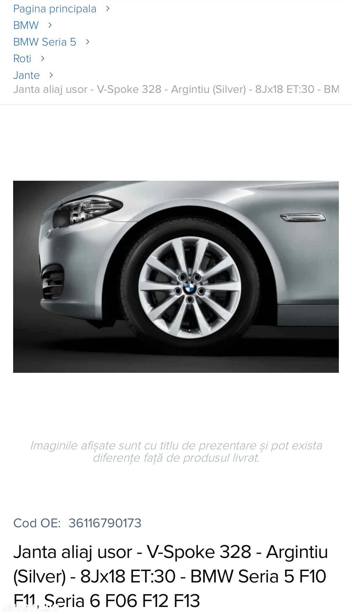 Vând jantă roată completă cu anvelopă 245 45 R18 style 328 R18 originală BMW Janta aliaj usor - V-Spoke 328 - Argintiu (Silver) - 8Jx18 ET:30 - BMW Seria 5 F10 F11, Seria 6 F06 F12 F13 - 1