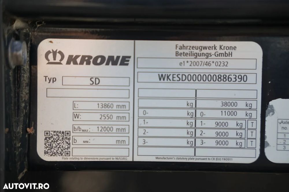 Krone / SEMIREMORCĂ CU PRELATĂ (CURTAINSIDER) / STANDARD / CUTIE PENTRU PALETI / 2 AXE RIDICABILE / 150.000 KM / UTILIZARE REDUSĂ / - 27