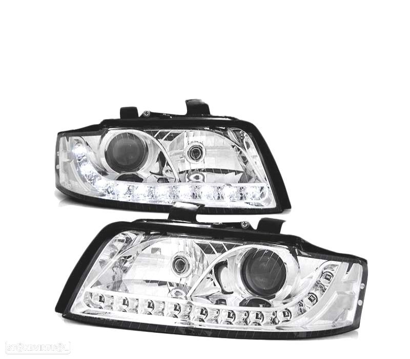 FARÓIS FRONTAIS LED AUDI A4 00-04 CROMADO - 1