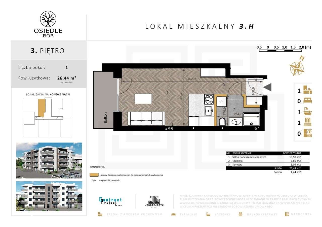 Mieszkanie 3.H | Osiedle Bór | KAWALERKA 3 PIĘTRO