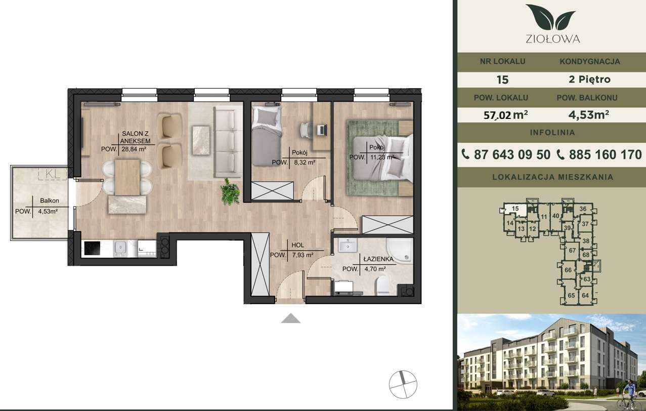 Nowe mieszkanie w Augustowie- przestronne- ul.Ziołowa 57,02 m2- M15