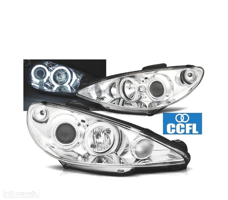 FARÓIS ANGEL EYES CCFL PEUGEOT 206 H1 98-08 FUNDO CROMADO - 1