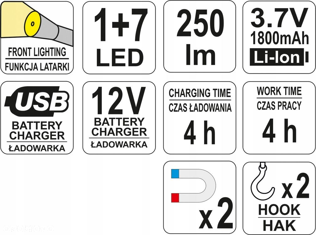 YATO LAMPA LATARKA AKUMULATOROWA WARSZTATOWA 3W 250lm COB LED YT-08504 - 12