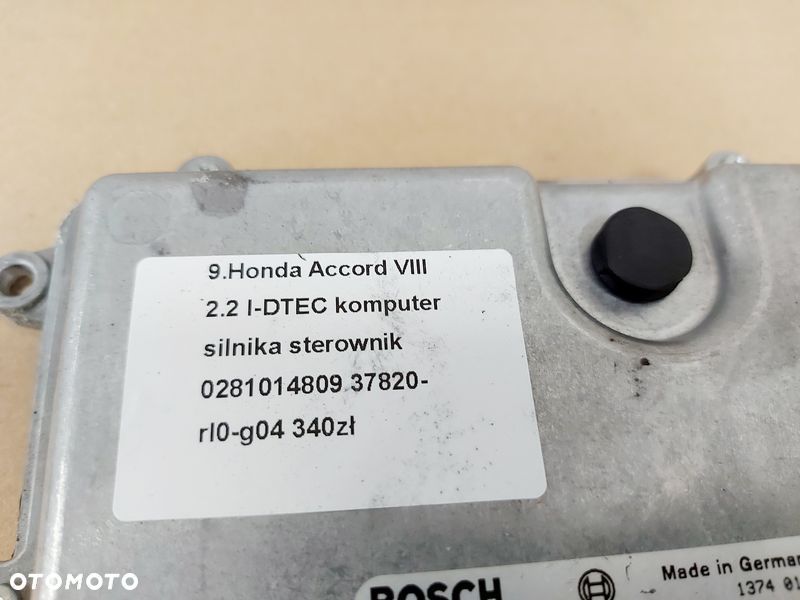 HONDA ACCORD 8 VIII 2.2 I-DTEC KOMPUTER STEROWNIK SILNIKA ECU 0281014809 37820-RL0-G04 - 3