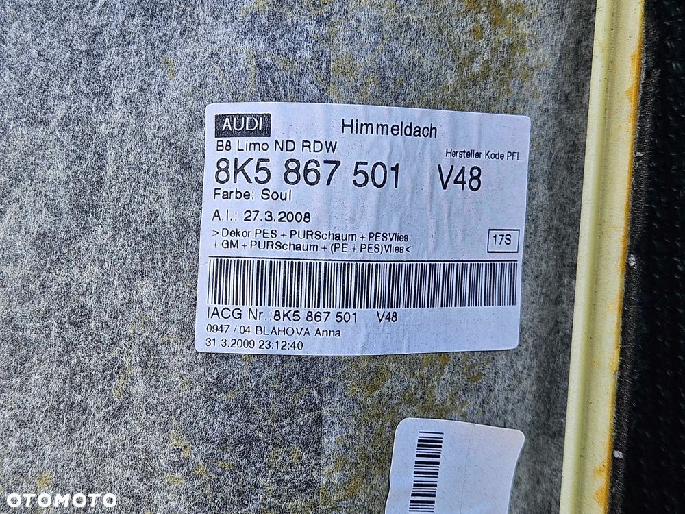 Podsufitka 8K5867501 V48 8K5867505 Sufit Osłona Tapicerka S-Line Czarna Soul Audi A4 B8 Sedan - 37