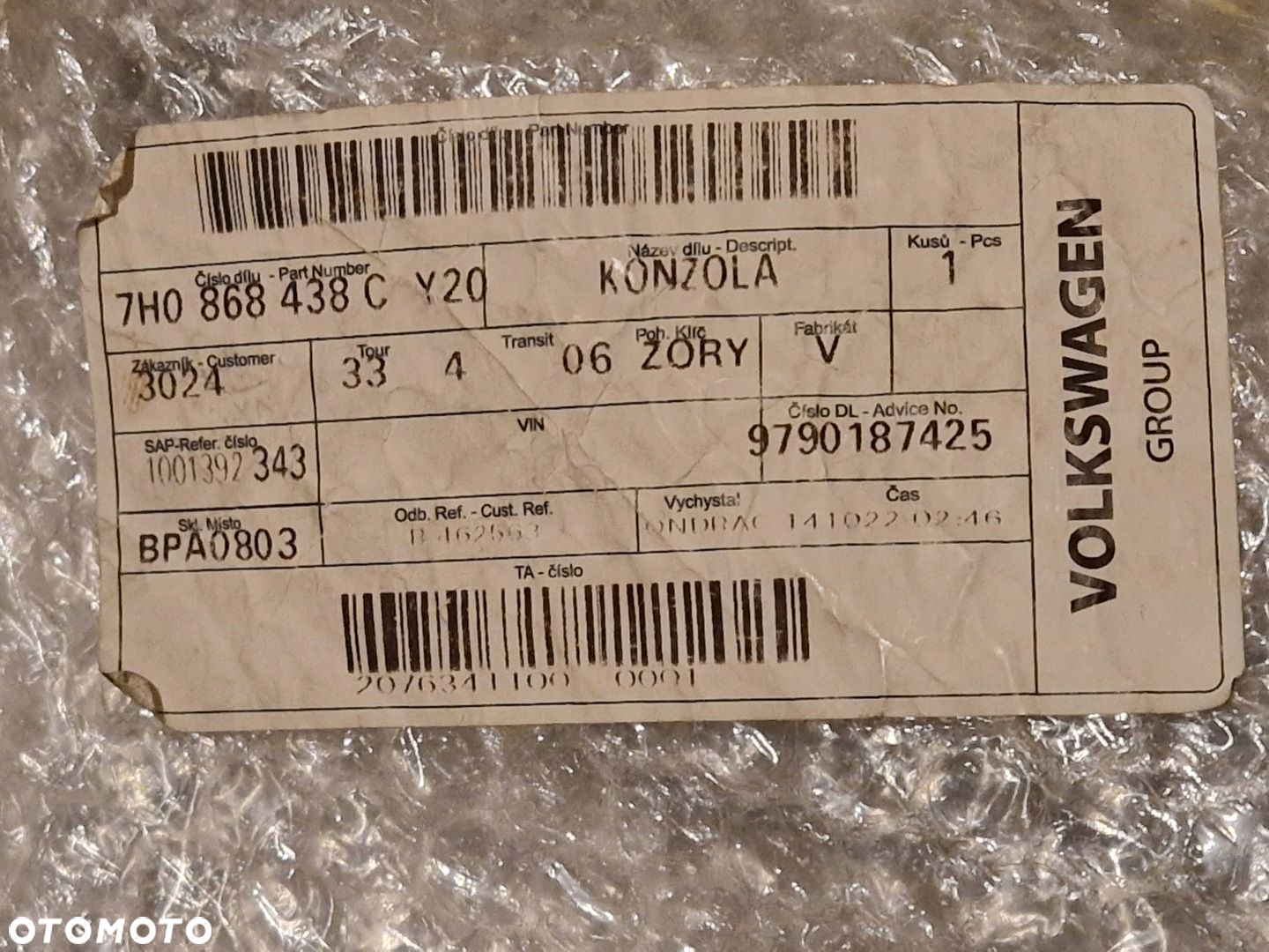 VW T5 MULTIVAN panel podsufitki LAMPKA KONSOLA 7H0868438C NOWY ORYGINAŁ - 4