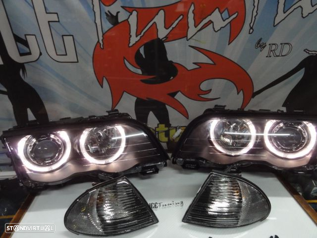 Farois angel eyes BMW E46 4 portas / limosine 98-01 fundo preto com angel eyes em branco - 17