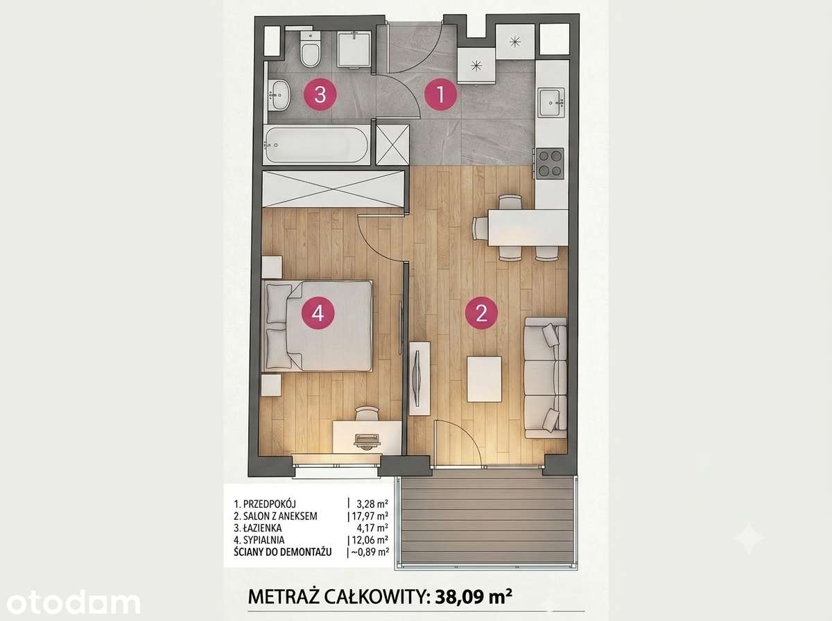 2-pokojowe mieszkanie 38,09 m² w stanie deweloperskim, Rataje