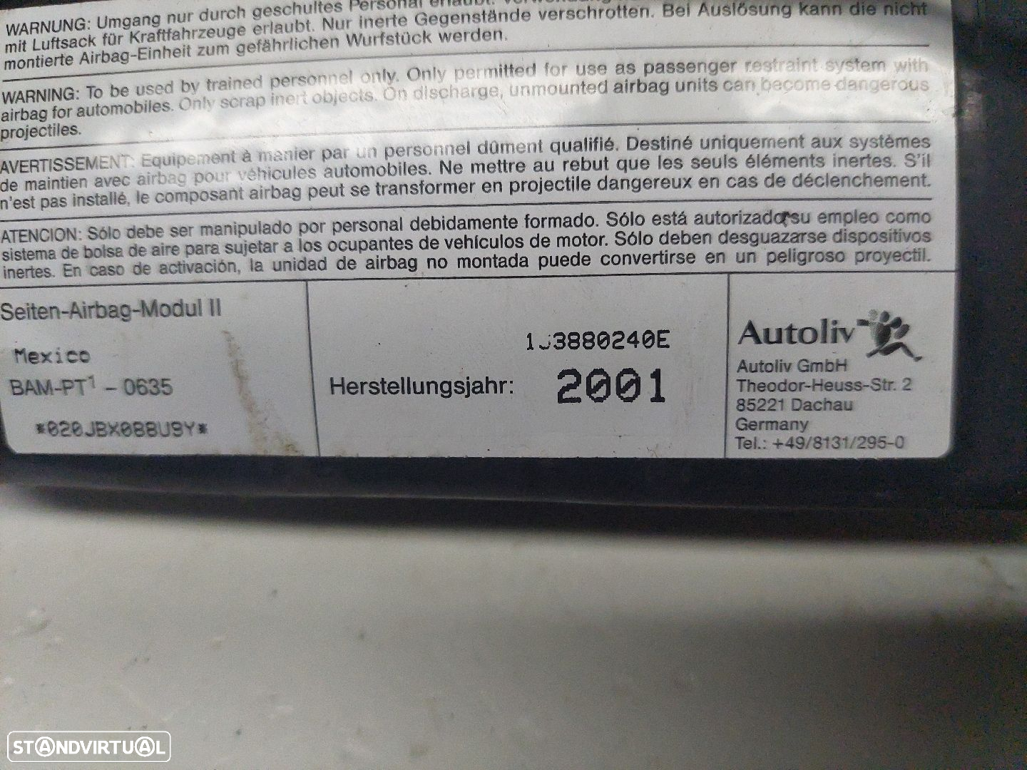 Airbag Banco Dto Volkswagen New Beetle (9C1, 1C1) - 2