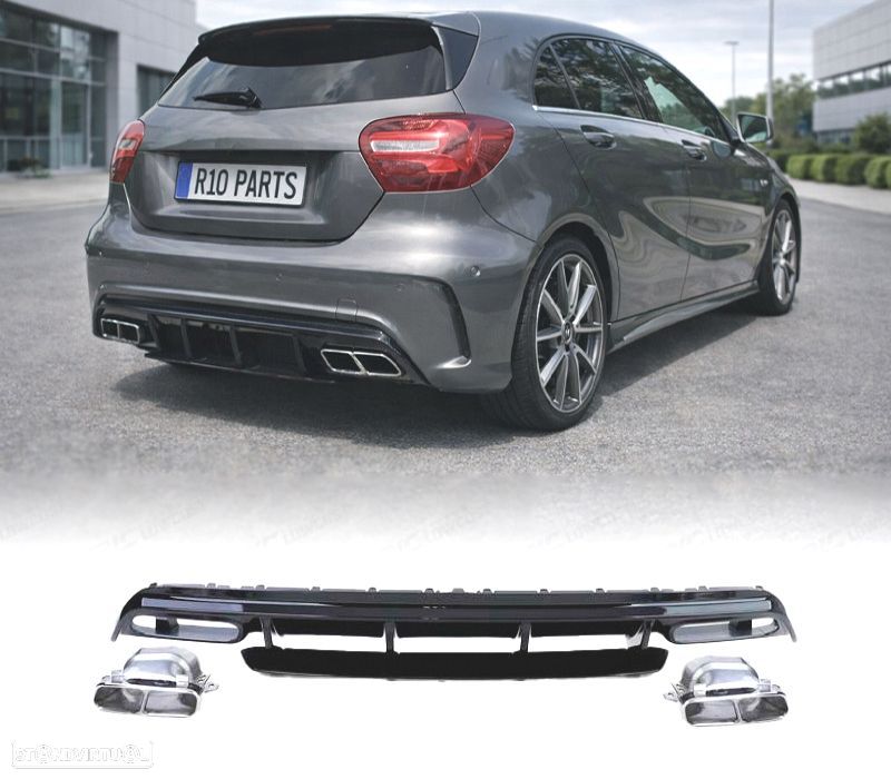 DIFUSOR MERCEDES CLASE A W176 12-18 LOOK A45 AMG PRETO BRILHANTE + PONTEIRAS DE ESCAPE - 1