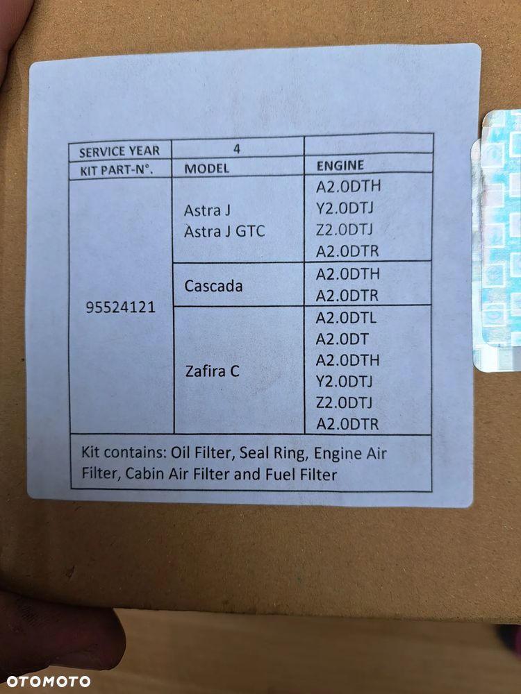 Zestaw Filtrów Opel Astra J Zafira C Cascada 2.0 CDTI 95524121 filtr powietrza kabinowy oleju paliwa 13263262 95517794 13271191 13272719 - 2