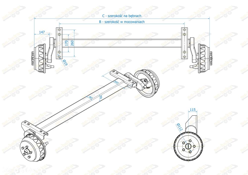 Oś hamowana przyczepy 1800kg 5x112 1200mm zamiennik VGB18 Knott - zestaw: linki + śruby - 2