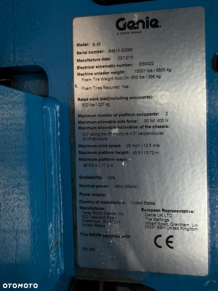 Genie S-45 Zwyżka Podnośnik Teleskopowy terenowy 4x4 wysokość 16 m Silnik DEUTZ. Maszyna jak Nowa z Urzędu Norweskiego Komuny! 2016 rok. Spalinowo- elektryczna Zadbana. Zero luzów wycieków! Okazja! 2 x Sterowanie maszyną góra i dół. Przetwornica gniazdo 220 volt. Poziomowanie oraz obrót kosza! OKAZJA. Aktualna Dekra Do 2027 roku !!! - 21