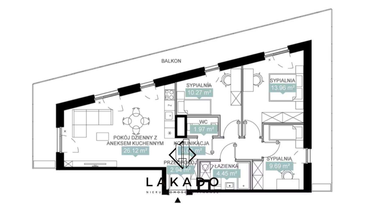 Trójstronne 4-pokojowe mieszkanie z balkonem 40m²