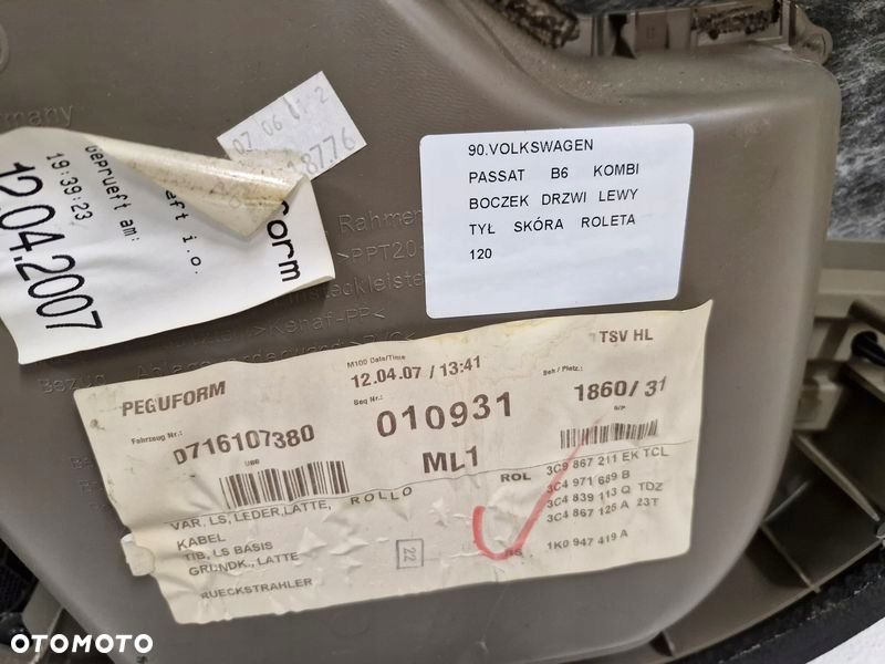 VW PASSAT B6 KOMBI BOCZEK DRZWI LEWY TYŁ TYLNY TAPICERKA SKÓRA ROLETA - 6