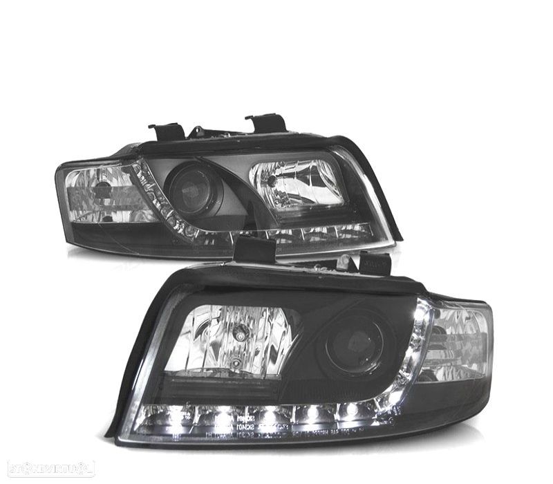 FARÓIS AUDI A4 B6 00-04 FUNDO PRETO LUZ DIURNA LED - 1