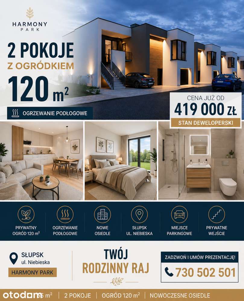2Pokoje z ogródkiem 120m2, Podłogówka,Słupsk ul.Niebieska Harmony Park