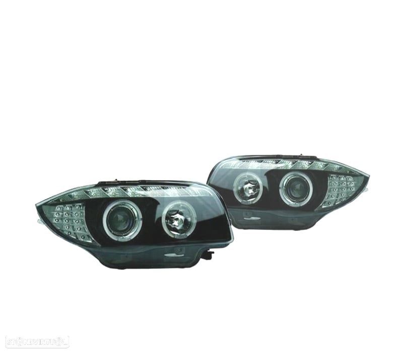 FARÓIS BMW SÉRIE 1 E87 E82 E88 OLHOS DE ANJO LUZ DIURNA FUNDO PRETO - 1