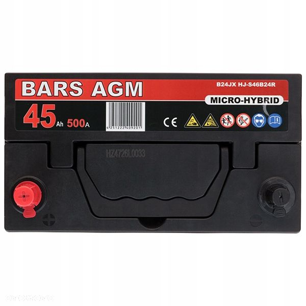 Akumulator Bars HYBRID AGM 45AhL 500A B24JX HJ-S46B24R Start-Stop - 13,6kg - 4